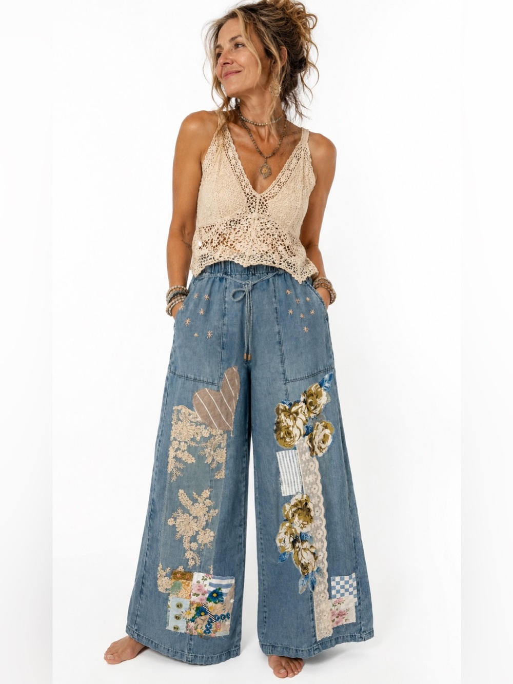 Upcycled Wide-Leg Patchwork Denim Pants with Floral Appliqué and embroidery